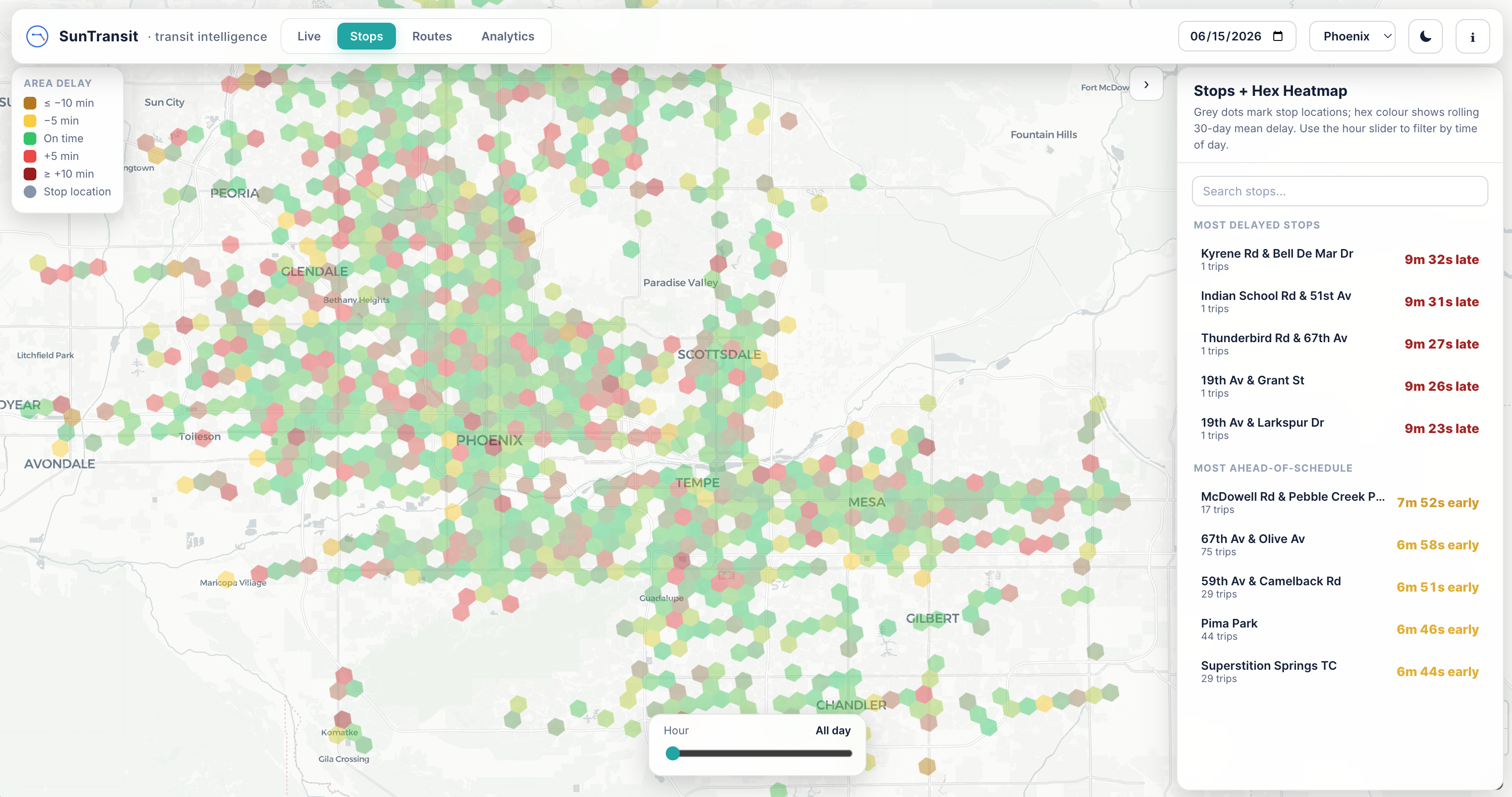 Stop and hex heatmap showing delay by area